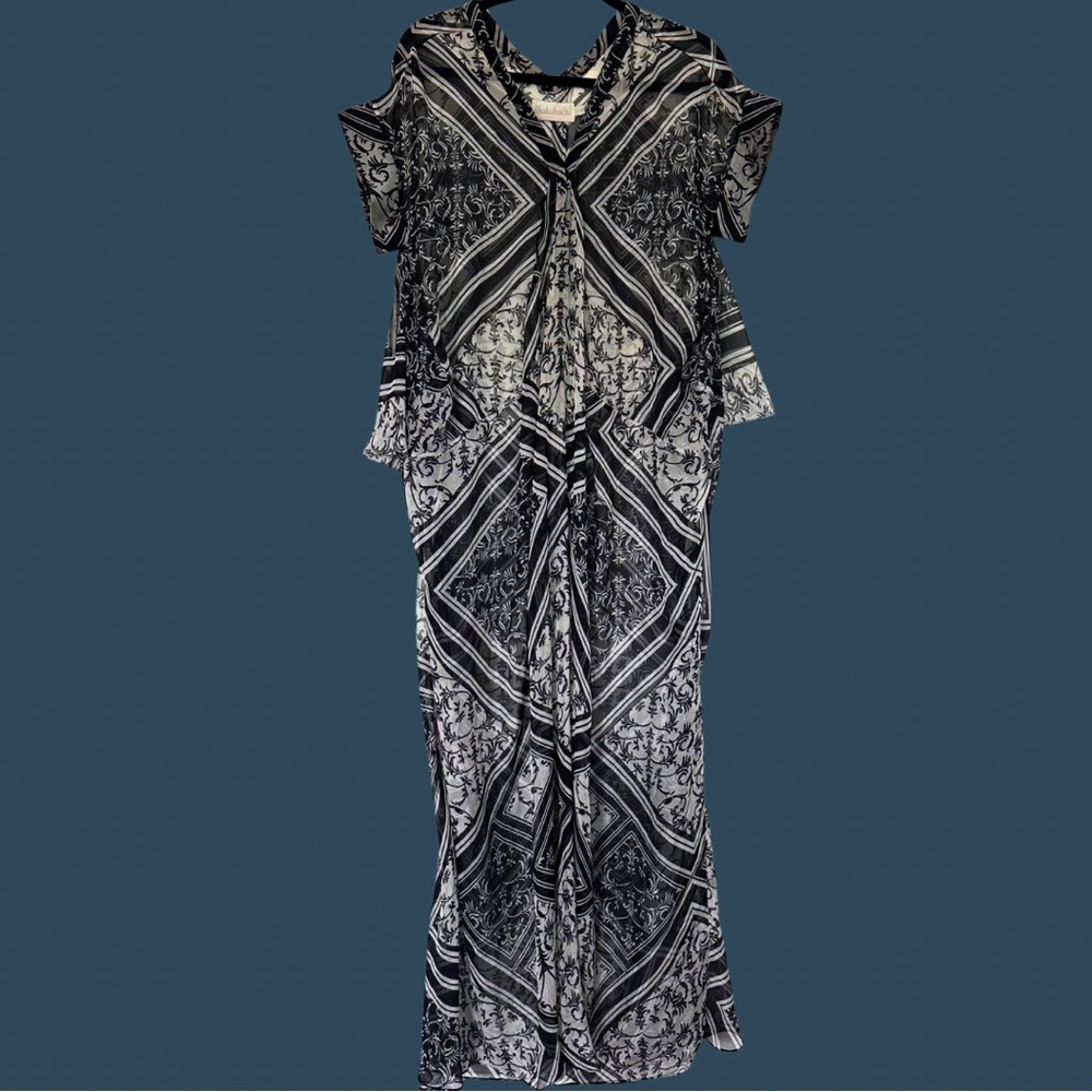 Shakuhachi (US 4) Sheer Black/White Bohemian Printed Kaftan/Kimono Loose Dress